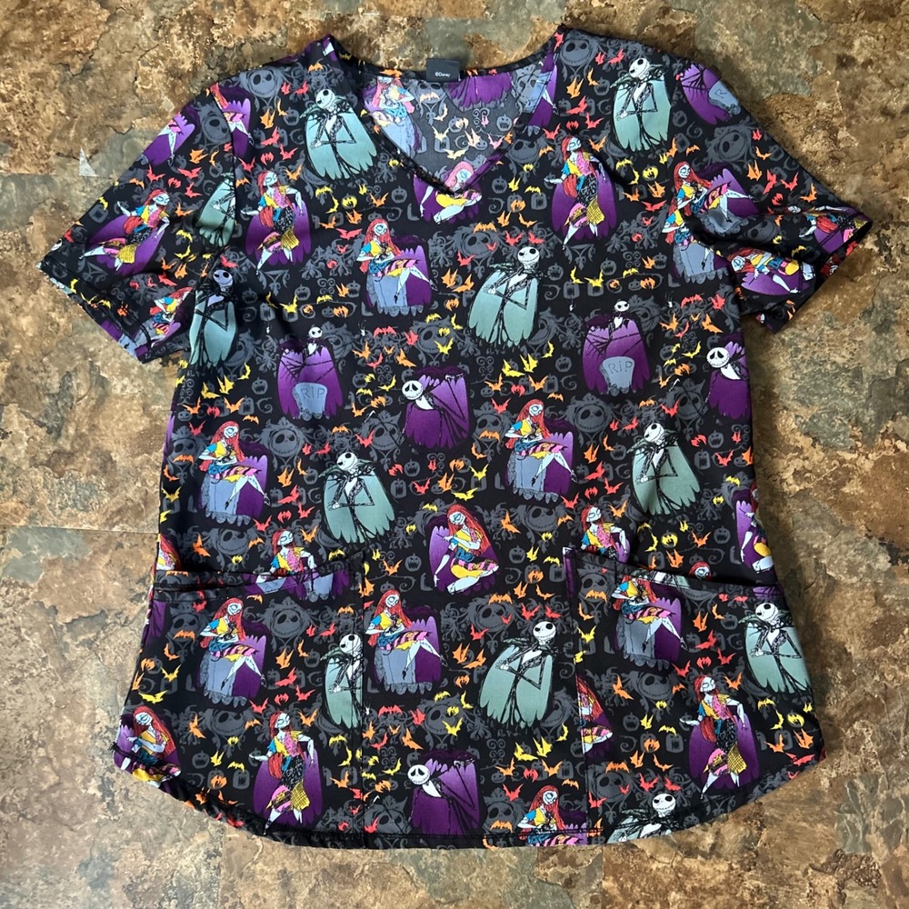 Disney The Nightmare Before Christmas Scrub Top Womens Short Sleeve Work Shirt